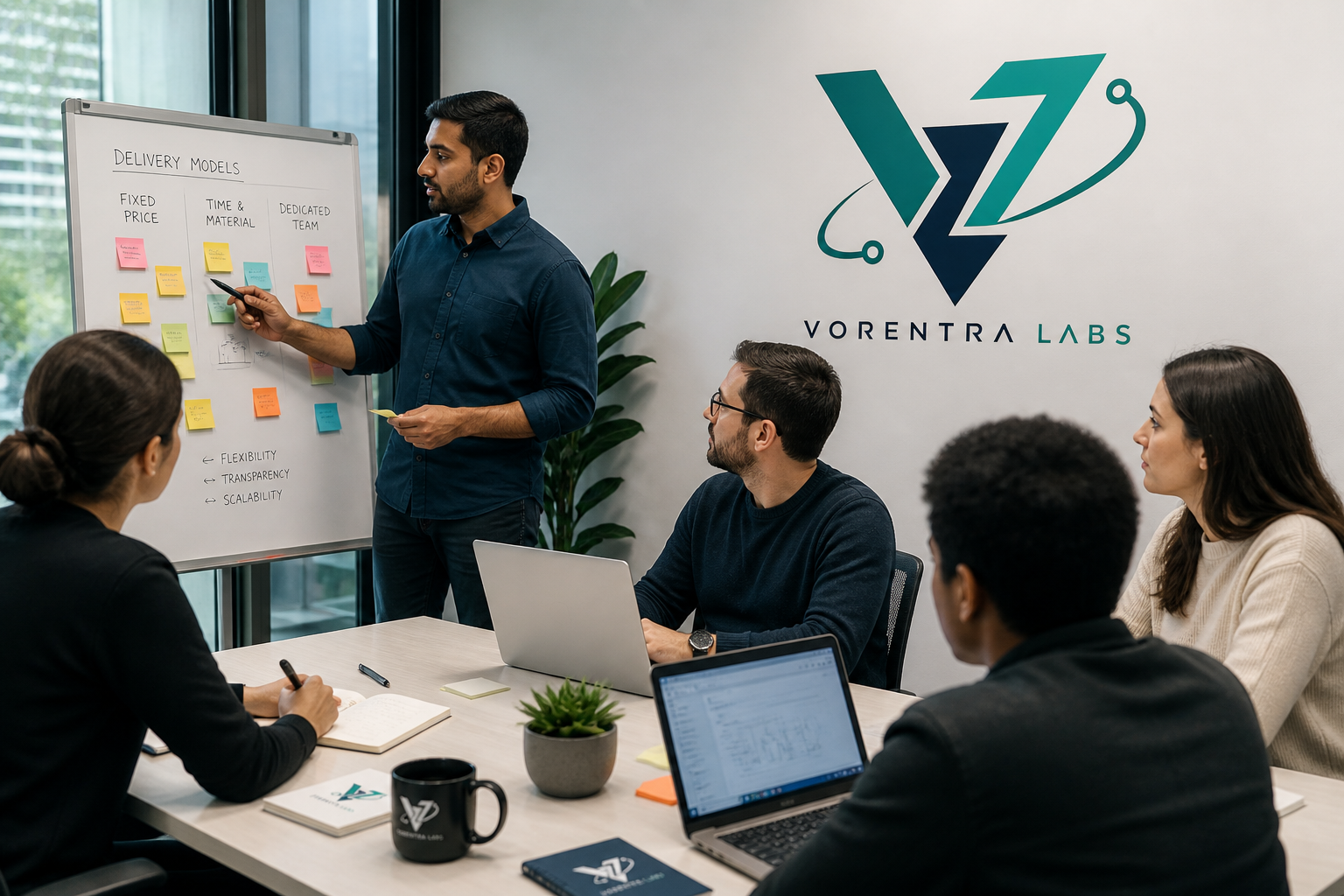 Team meeting discussing delivery models